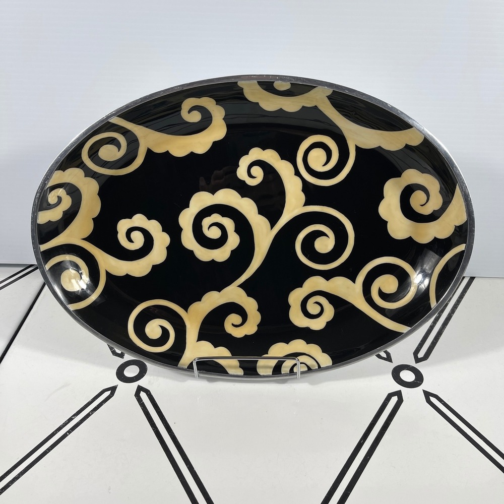 Oval Serving Platter‎ Metal with Black Cream Enamel Swirl Design Made in India